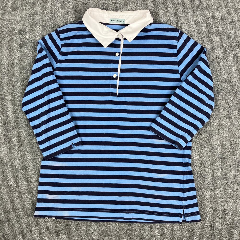 Marsh Landing Rugby Shirt Womens Large Blue Striped Polo Long‎ Sleeve Preppy